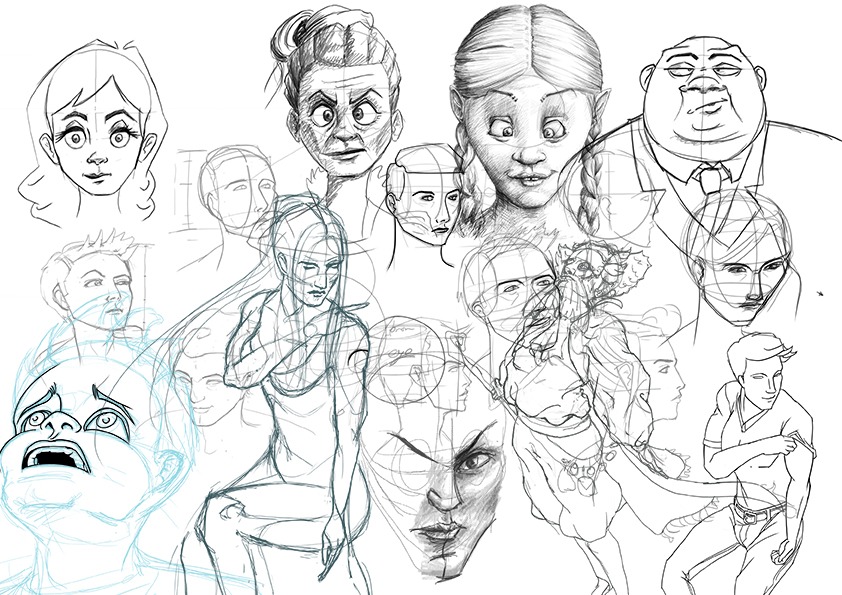 Digital pencil style sketches of faces from many angles which vary in degrees of caricature.