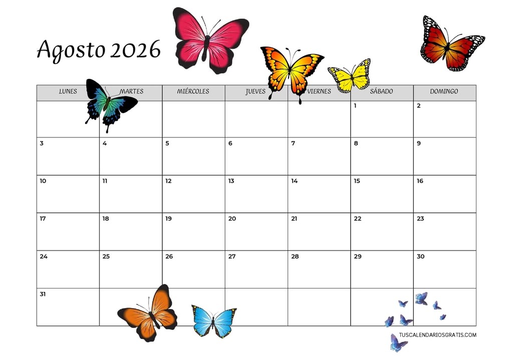 Calendario agosto 2026 horizontal con mariposas de colores para imprimir gratis, diseño veraniego pa