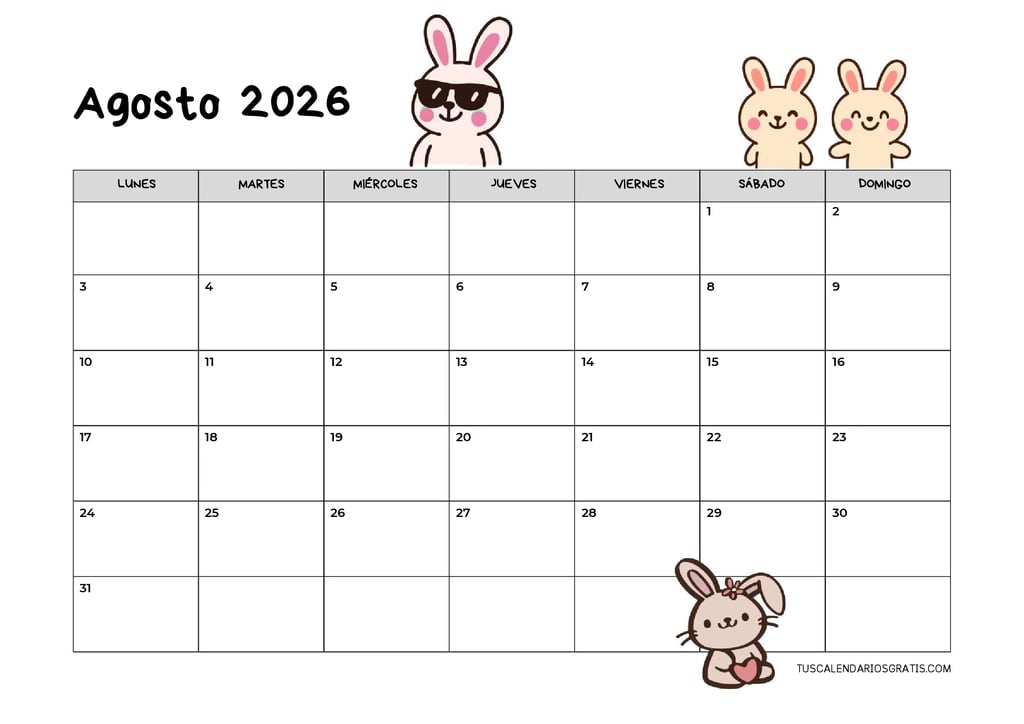 Calendario agosto 2026 kawaii horizontal con conejitos adorables para imprimir gratis, diseño bonito
