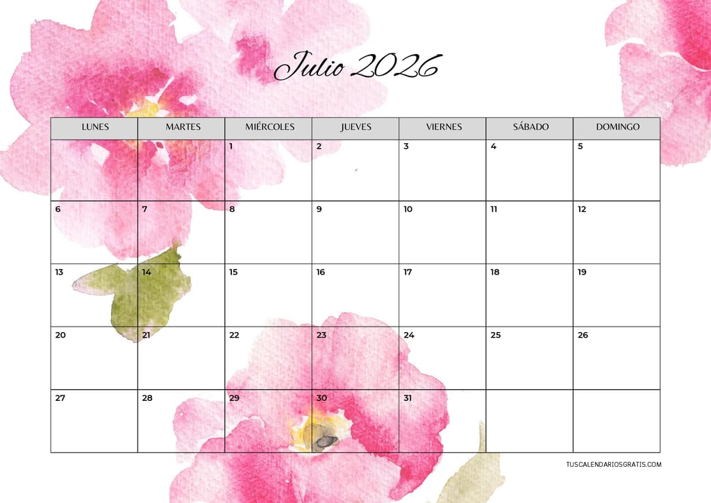 calendario julio 2026 floral horizontal flores rojas acuarela para imprimir gratis organización plan