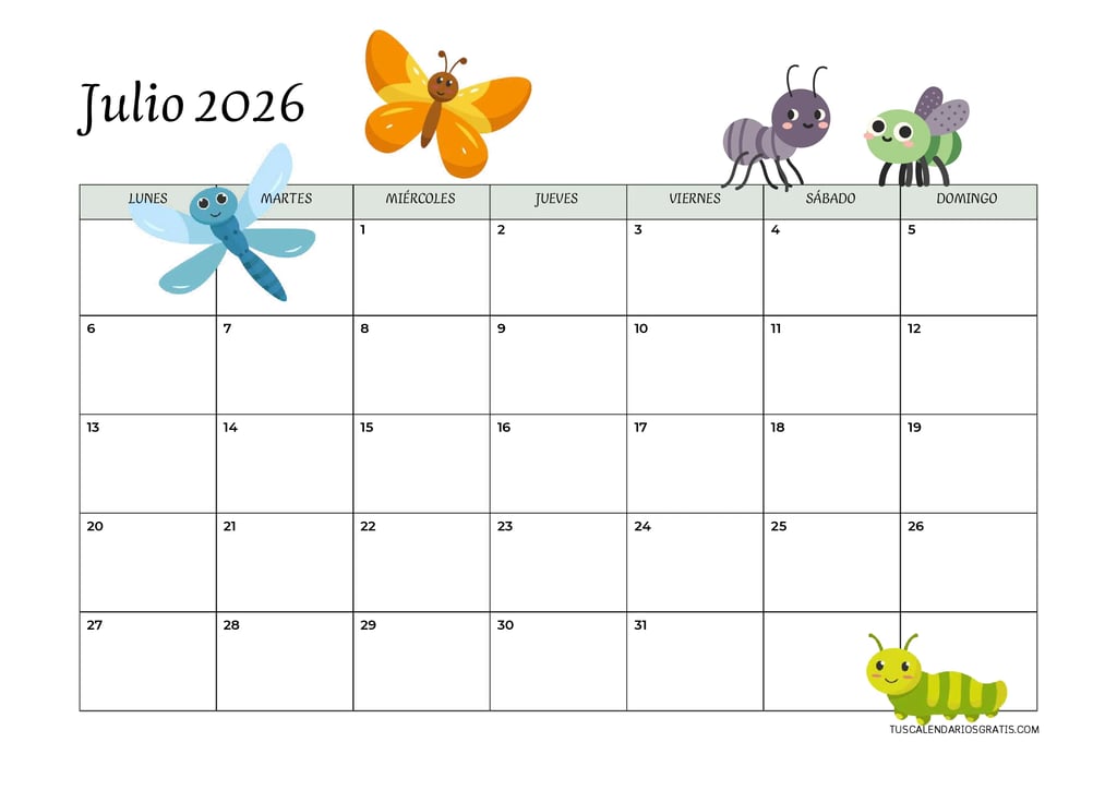 calendario julio 2026 horizontal animales insectos imprimir gratis organización planificación mensua