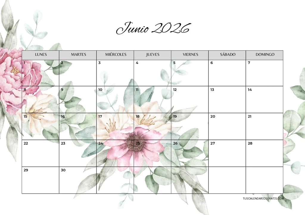 calendario junio 2026 horizontal elegante con flores para imprimir gratis organización planificación