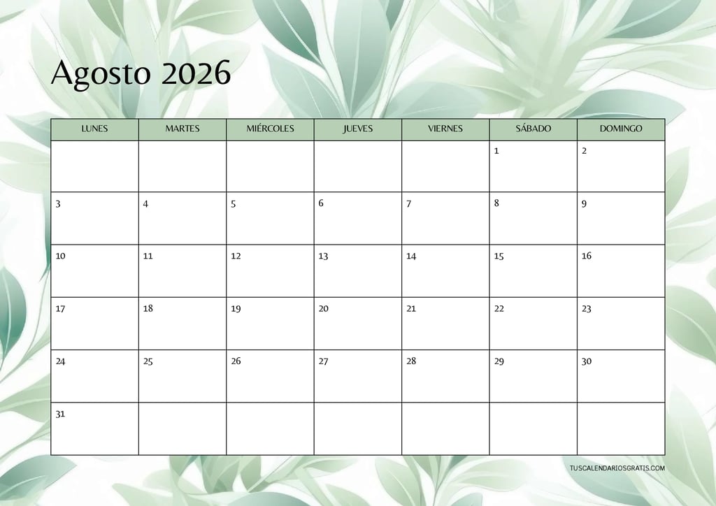 Calendario agosto 2026 floral horizontal para imprimir gratis con diseño elegante y minimalista para