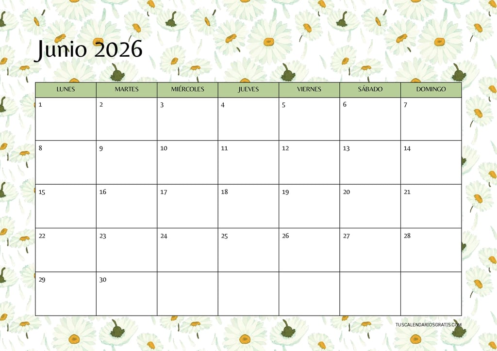 Calendario junio 2026 horizontal floral margaritas para imprimir gratis planificación mensual organi