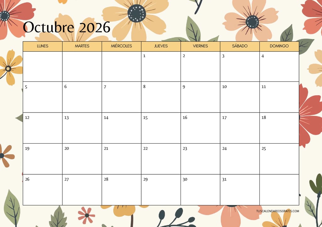 Calendario octubre 2026 floral horizontal para imprimir gratis en formato A4 con diseño elegante y e