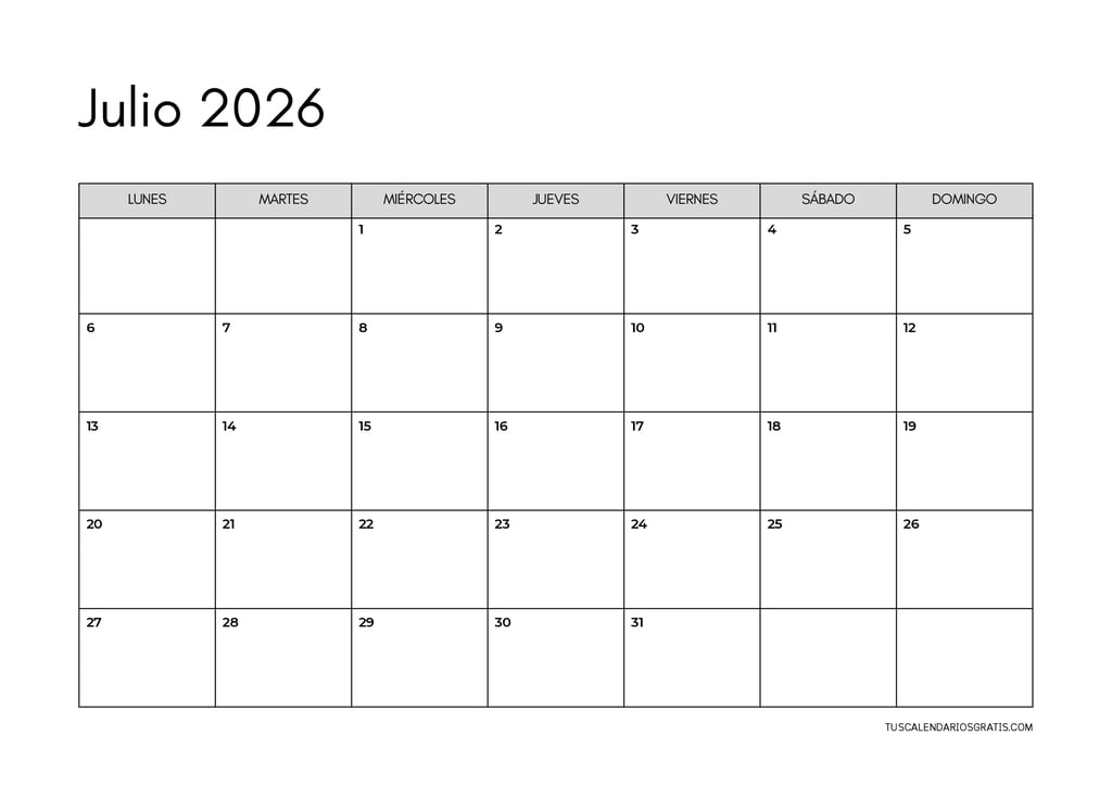 calendario julio 2026 horizontal minimalista para imprimir organización planificación verano