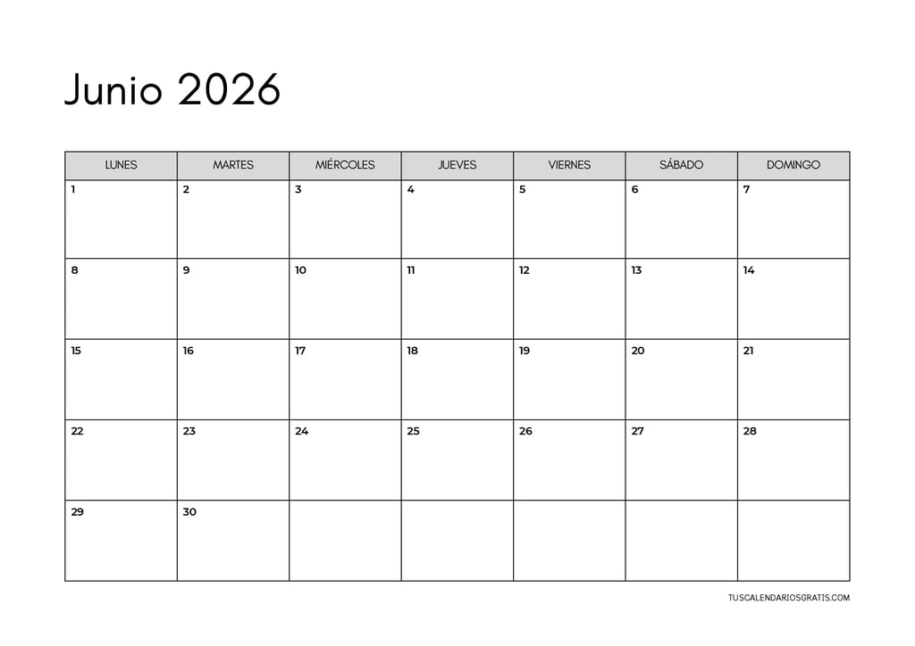 calendario junio 2026 minimalista horizontal para imprimir gratis organización planificación hábitos