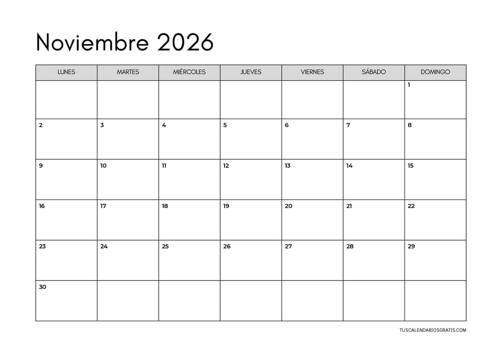 Calendario noviembre 2026 minimalista horizontal para imprimir gratis en diseño limpio y elegante id