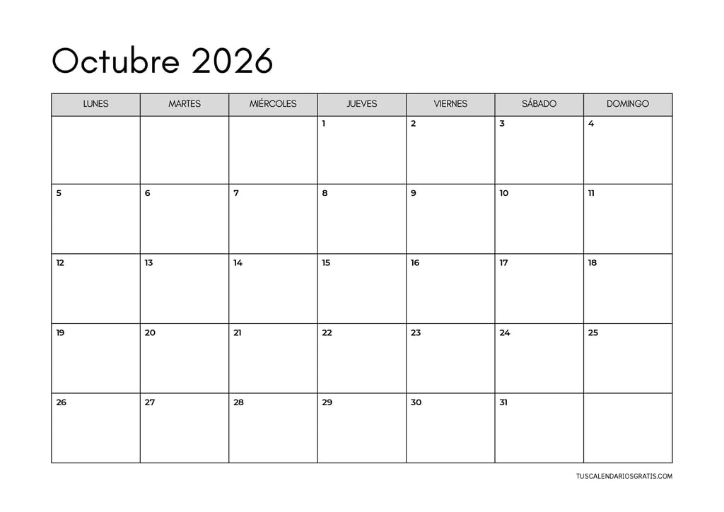 Calendario octubre 2026 minimalista horizontal para imprimir gratis en formato A4 con diseño limpio