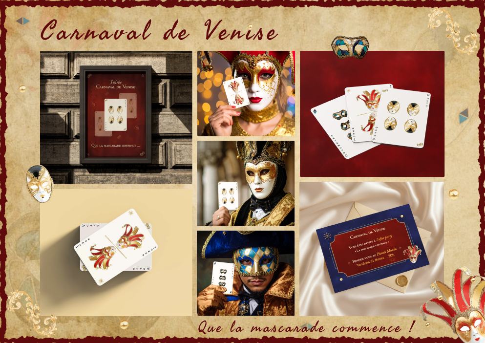 Moordboard thème Carnaval de Venise. Masques de Joker, Colombine, jeu de cartes, affiche.