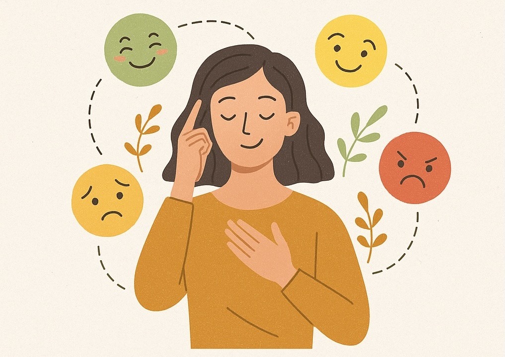 a woman with a hand on her head and a smile on her face