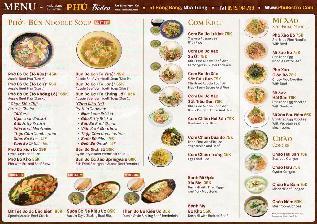 Pho and Bun noodle soups with Aussie beef, stir-fried noodles, rice dishes, and congee varieties