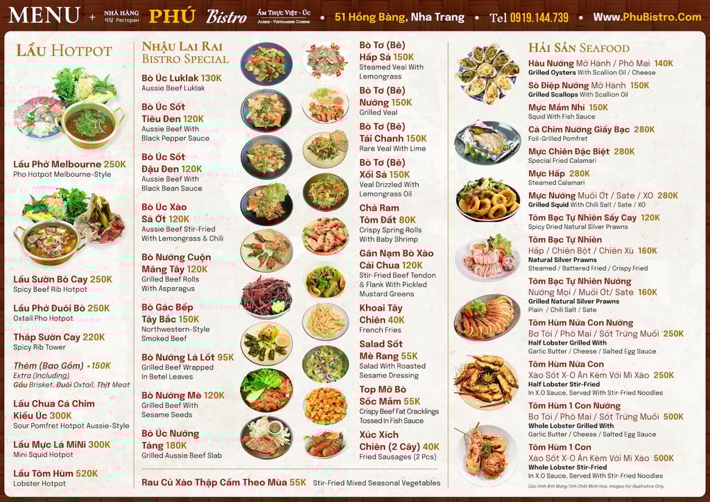 Variety of Vietnamese hotpots, grilled beef dishes, veal specialties, appetizers, and seafood