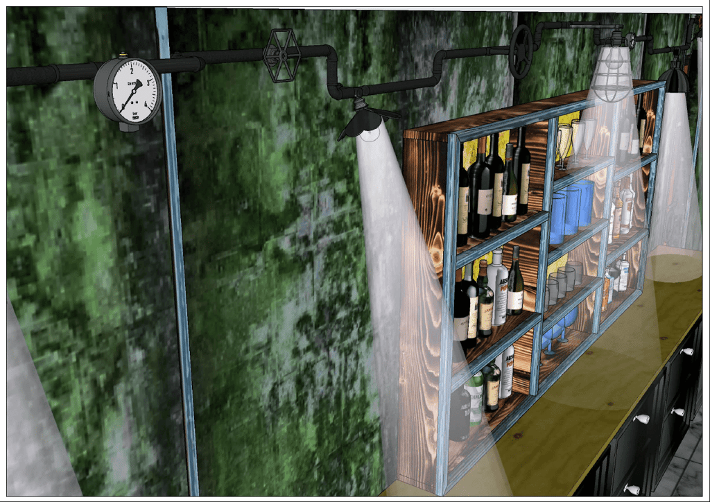 Maquette 3D d'un bar ambiance steampunk (détail de l'arrière-bar).