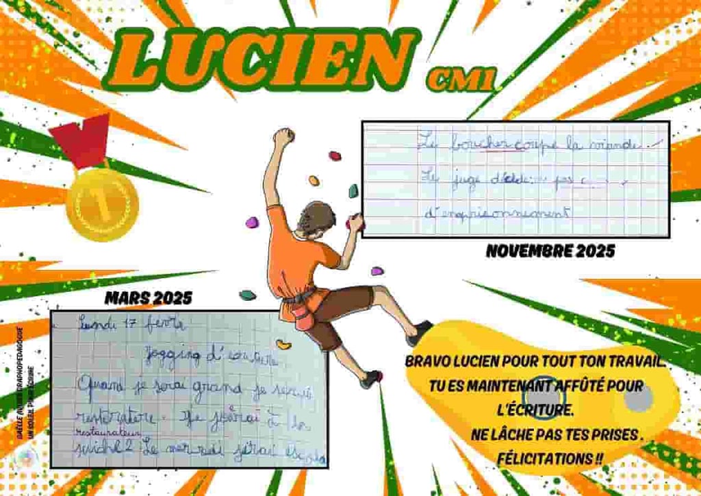 Voici le diplôme donné à Lucien à la fin de sa rééducation de graphopédagogie.