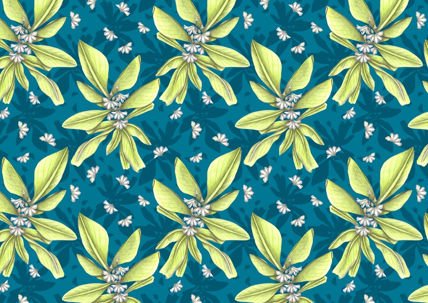 Hand-drawn tropical plant pattern with a blue backgorund