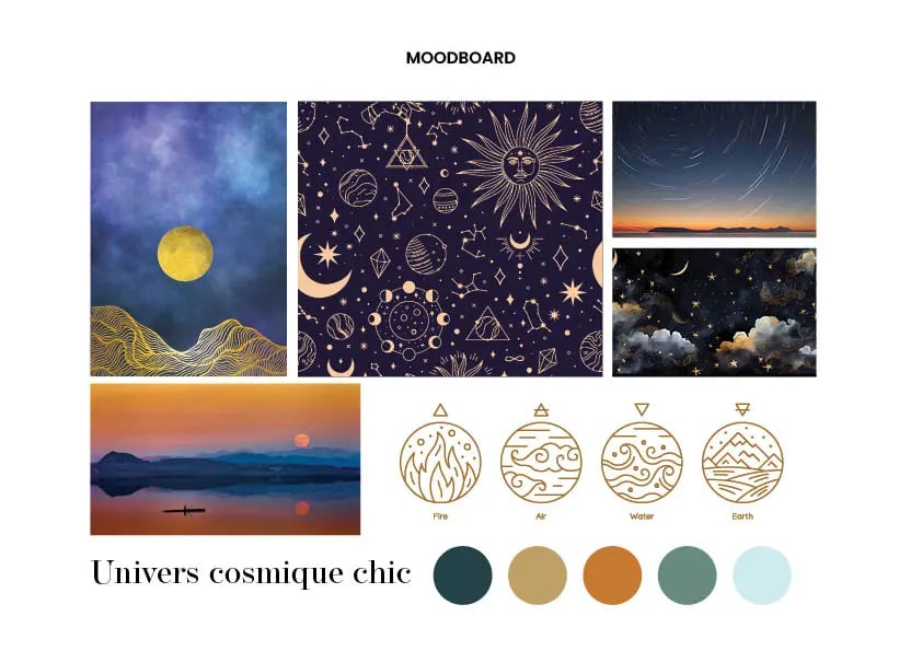 Moodboard Univers cosmique chic pour DAL Créations