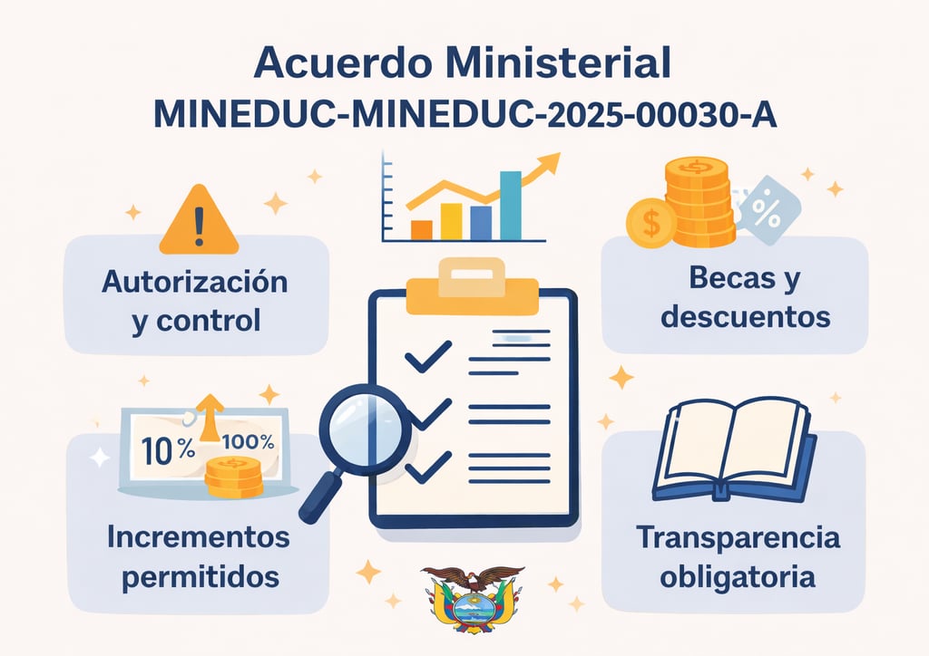 Imagen destacada del Acuerdo Ministerial MINEDUC-MINEDUC-2025-00030-A sobre la regulación de pensiones y matrículas en instit