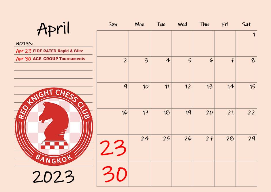 Red Knight Chess Club Tournament Calendar 2023 for first 4 months. Thailand Chess Association. 