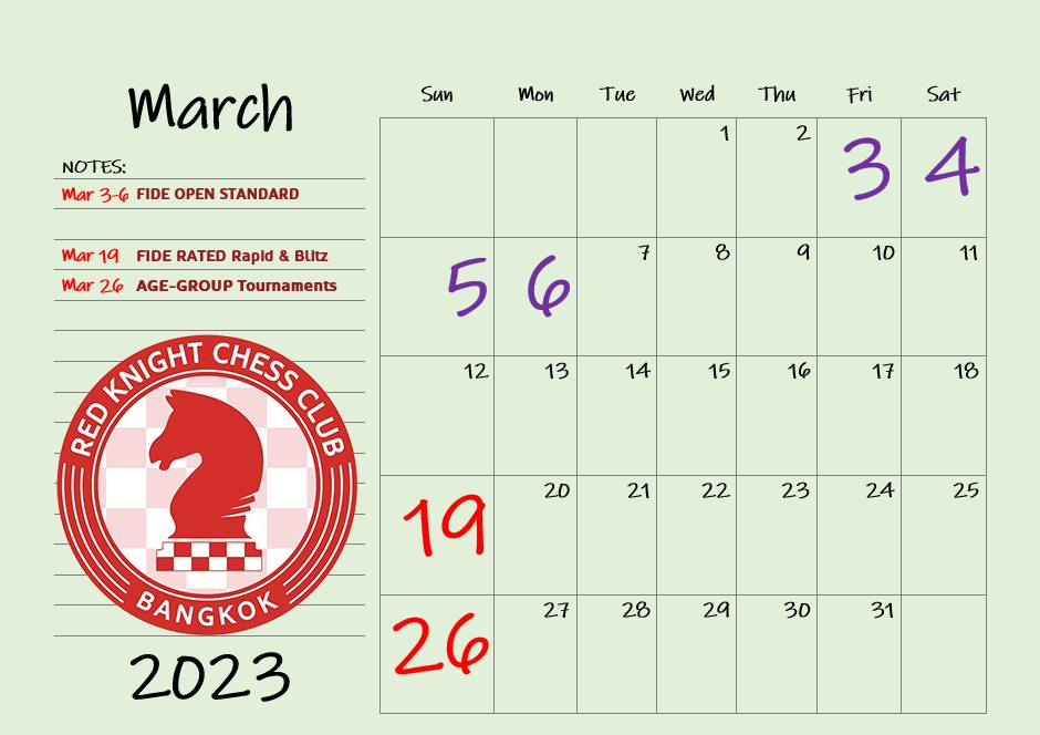 Red Knight Chess Club Tournament Calendar 2023 for first 4 months. Thailand Chess. Bangkok Chess