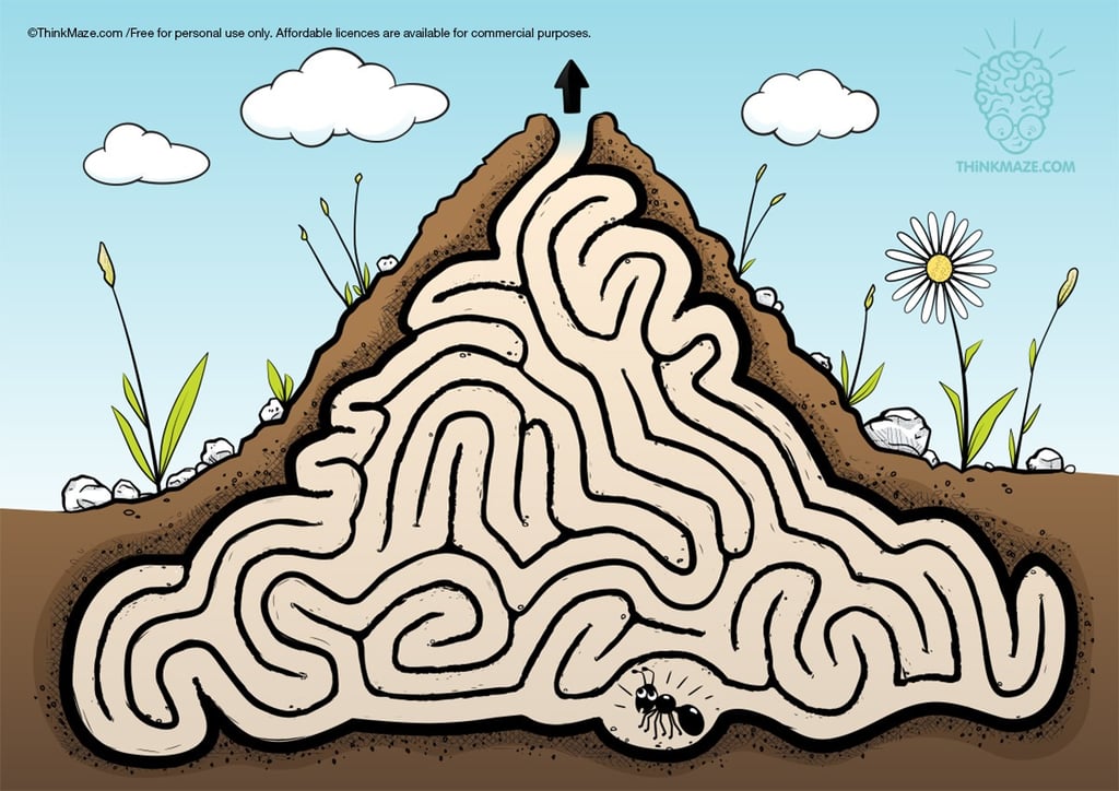 Anthill maze featuring a small black ant at the bottom and an exit arrow at the top