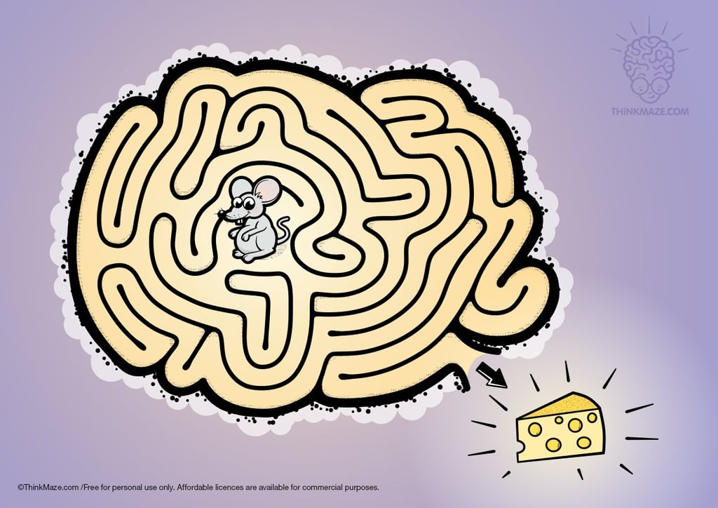 Mouse and cheese printable maze for kids; fun animal mazes for early education and home learning.