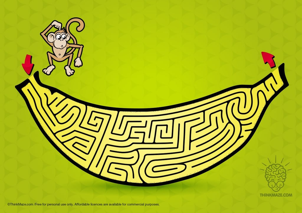 Yellow banana printable maze for kids; monkey theme animal maze available for commercial use.