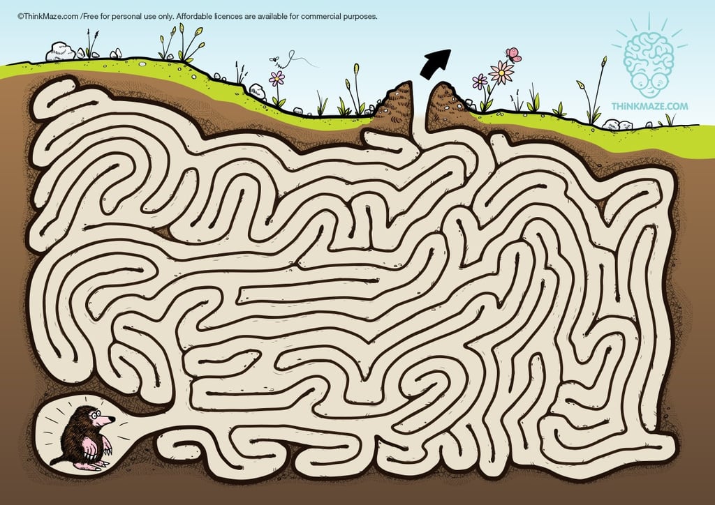 Underground mole maze; free printable maze for kids to practice logic and fine motor skills.