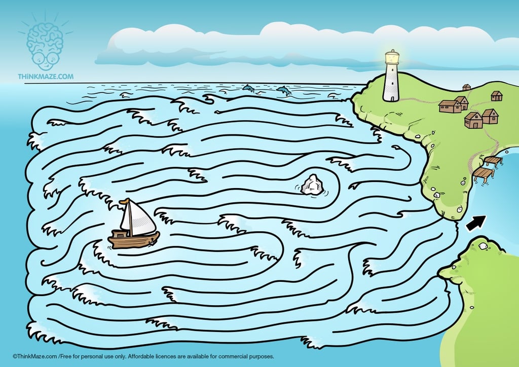 Fisherman ship maze in a stormy sea; free printable maze for kids' logic and ocean-themed learning.