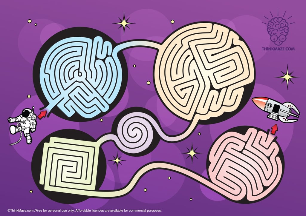Astronaut navigating planetary warp zones; free space maze and printable activities for kids.