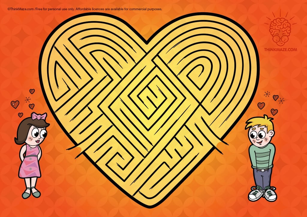 Heart-shaped Valentine maze for kids; a fun printable activity for holiday events.