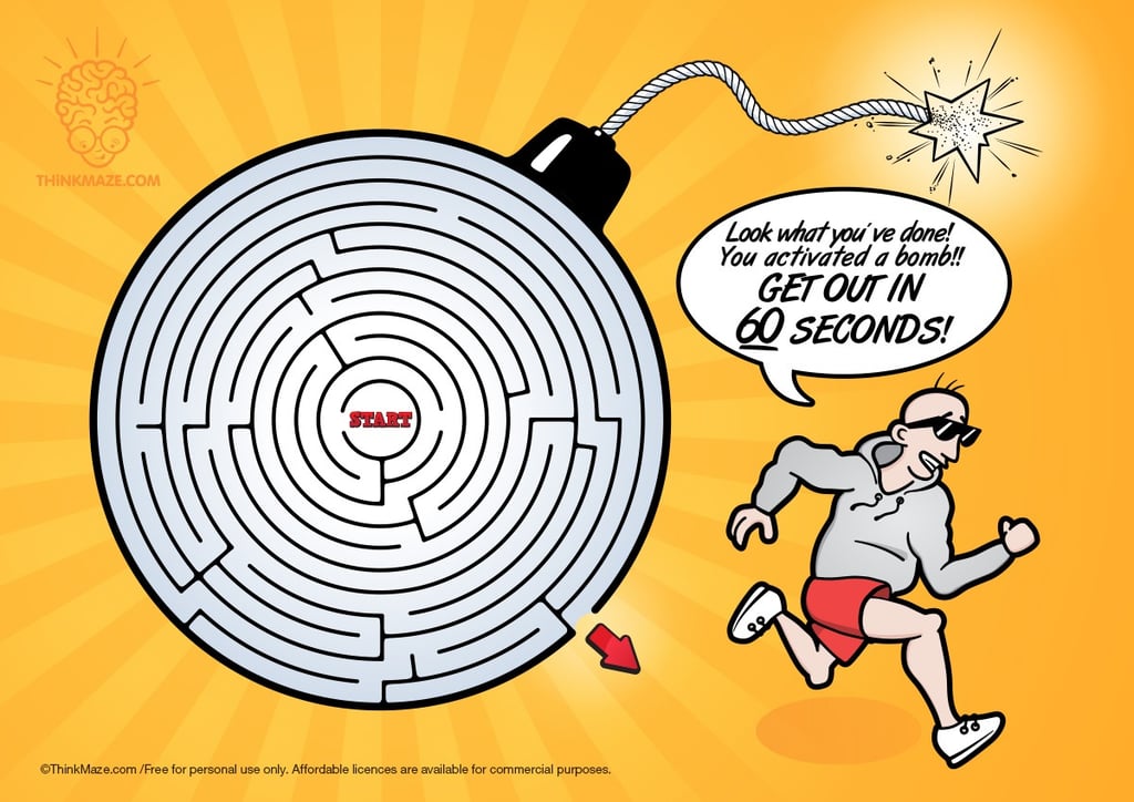 Bomb maze printable logic game for kids; exciting activity for after-school groups and events.
