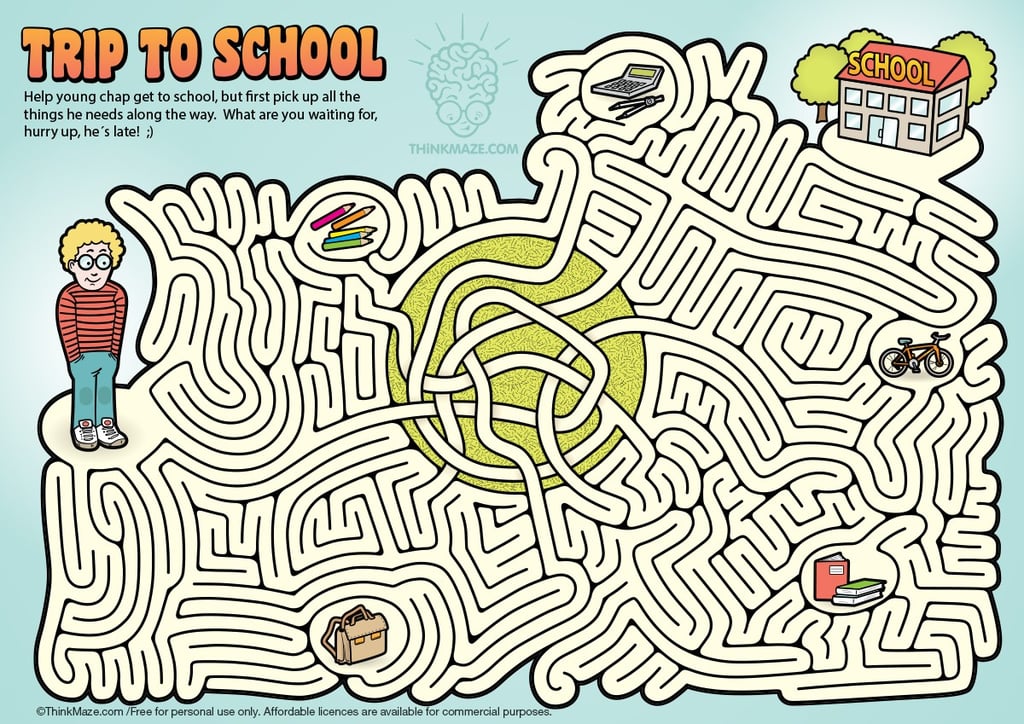 Hard school maze for kids; free printable logic puzzle for advanced learners.