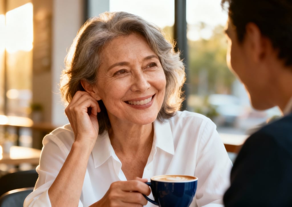 Mulher madura em café, vivendo com plenitude e confiança na saúde auditiva na All Sounds