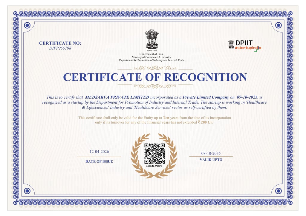 Medsarva Private Limited officially recognized under Startup India initiative for innovation in heal