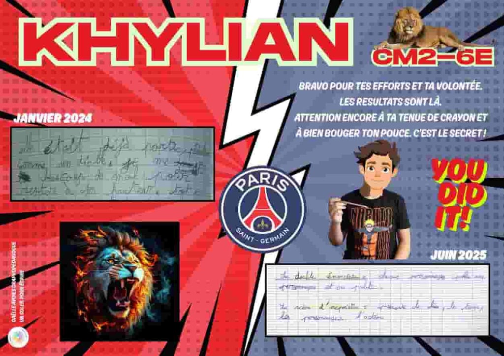 Voici le diplôme donné à Khylian à la fin de sa rééducation de graphopédagogie.