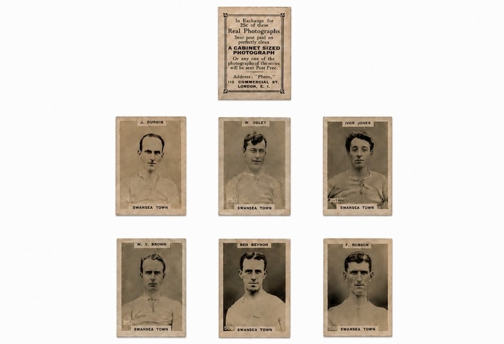 Vintage Swansea Town football cards featuring players like Ivor Jones and Ben Beynon in sepia portraits.
