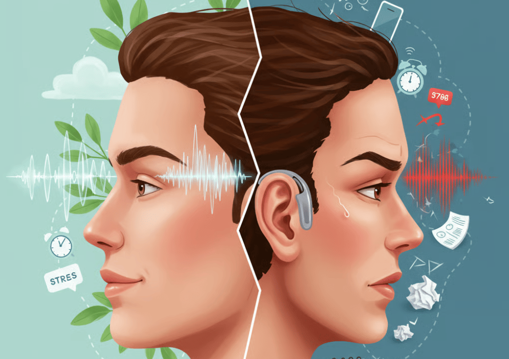 Pessoa estressada demonstrando conexão entre estresse crônico e problemas de saúde auditiva