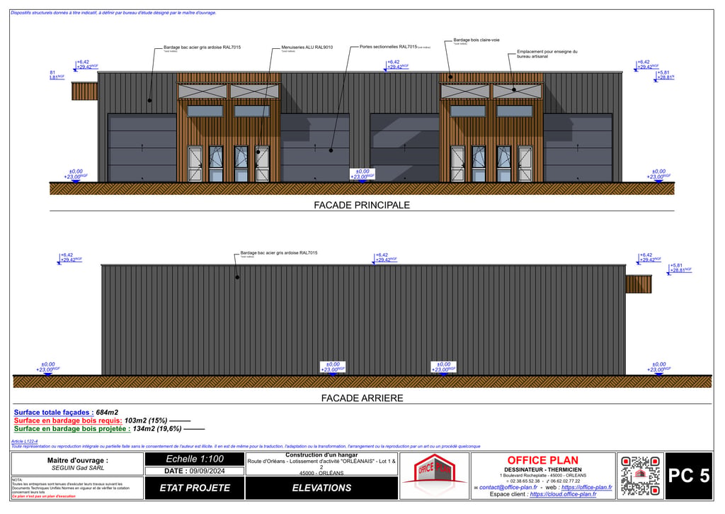 PC5 - plan façade - toitures- batiment professionnel - permis de construire - office-plan orléans