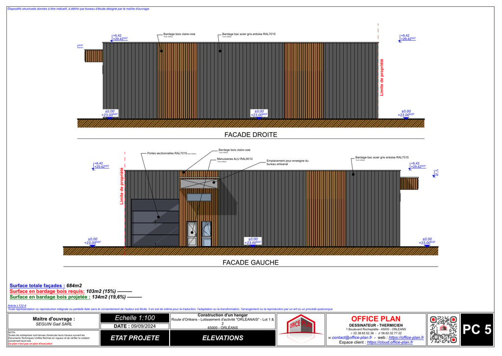 PC5 - plan façade - toitures- batiment professionnel - permis de construire - office-plan orléans