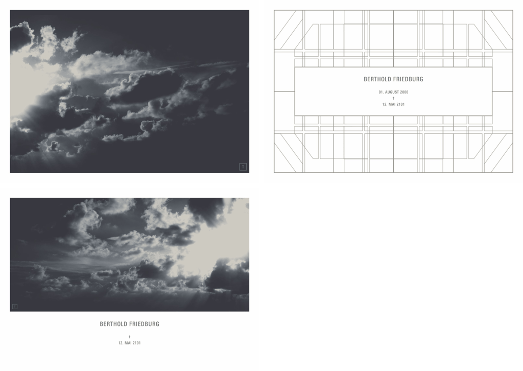 Drei Trauerkarten mit kunstvollem Himmelsmotiv in Blau und Beige