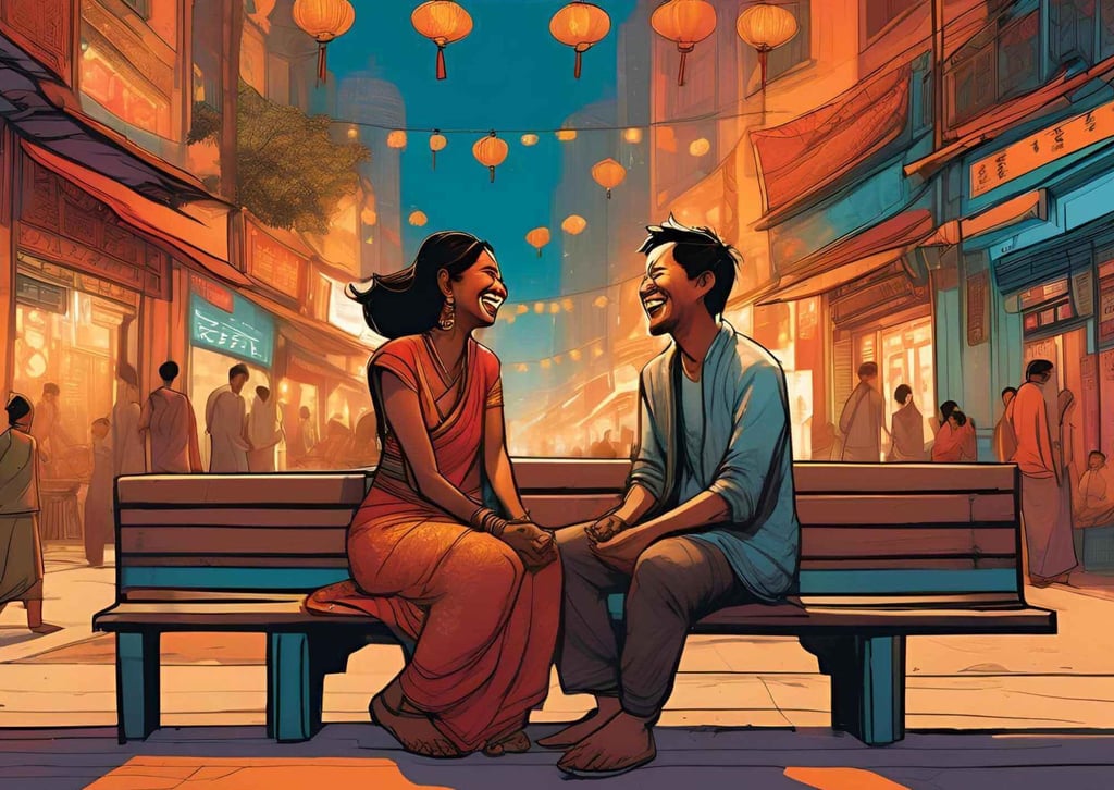 A couple seated on a bench in a city, illustrating cultural differences in relationships with their gestures and proximity.