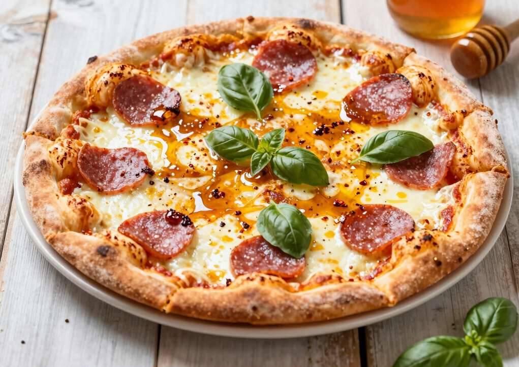 Freshly baked pepperoni pizza with hot honey drizzle and basil on a rustic wooden table.