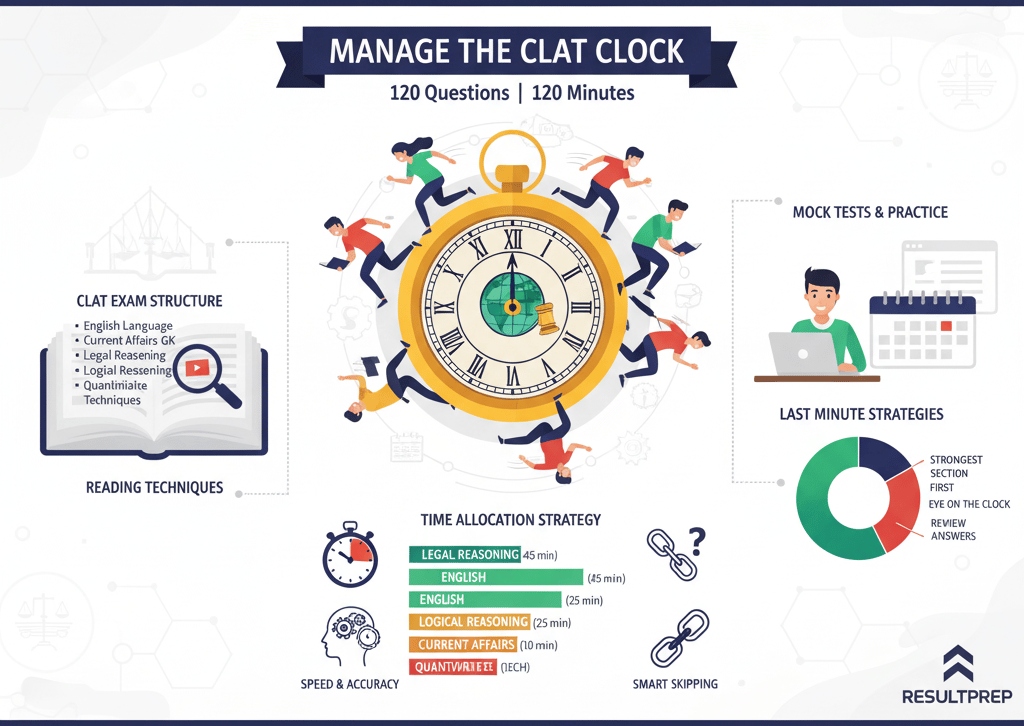 An infographic on "Manage the CLAT Clock" showing time allocation strategies, exam structure, and ti