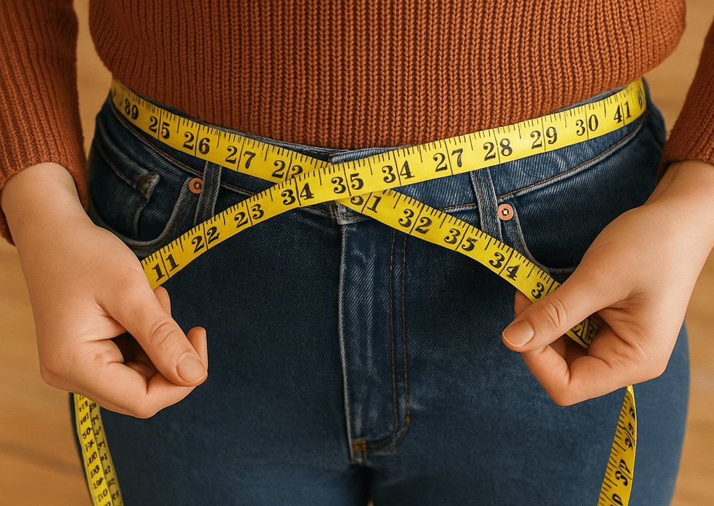 Measuring waist with yellow tape over jeans and rust sweater.