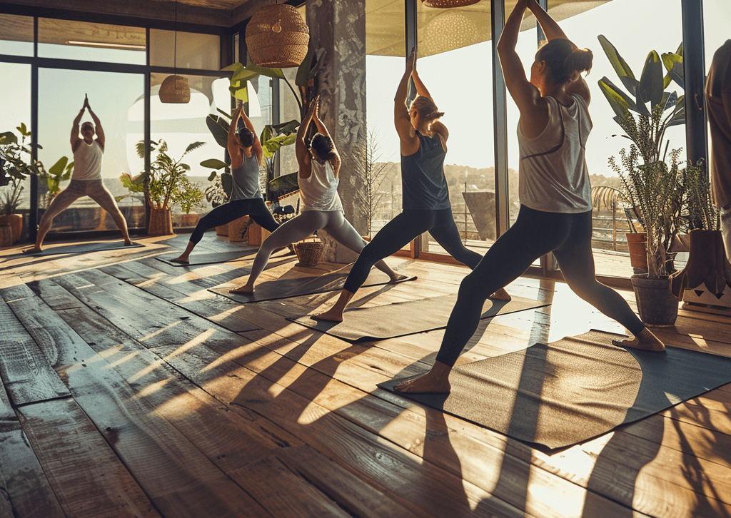 a group of people doing yoga in a room