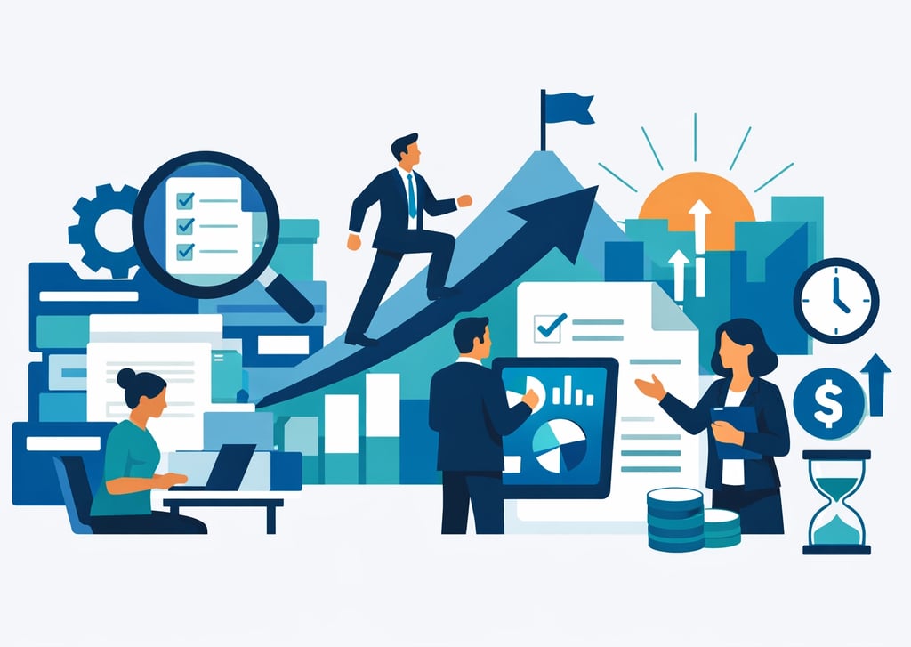 A professional desk with a laptop, organized healthcare folders, and a digital tablet showing M&A gr