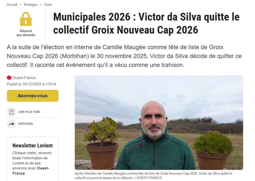 Annonce Ouest France Victor Da Silva quitte le collectif Nouveau Cap