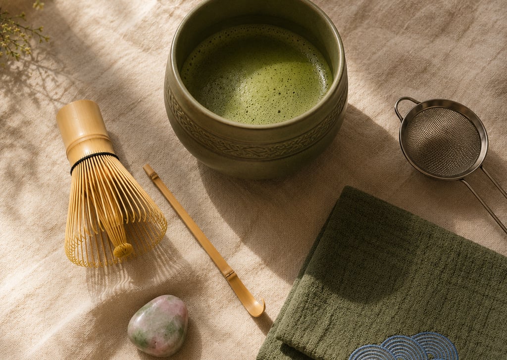 Traditional matcha ritual tools including bowl, whisk, scoop, sifter and Green Strawberry Quartz.