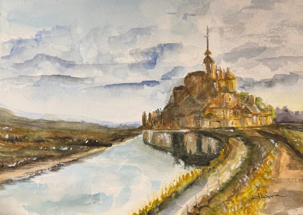 a painting of Mont Saint-Michel castle with a river in the background